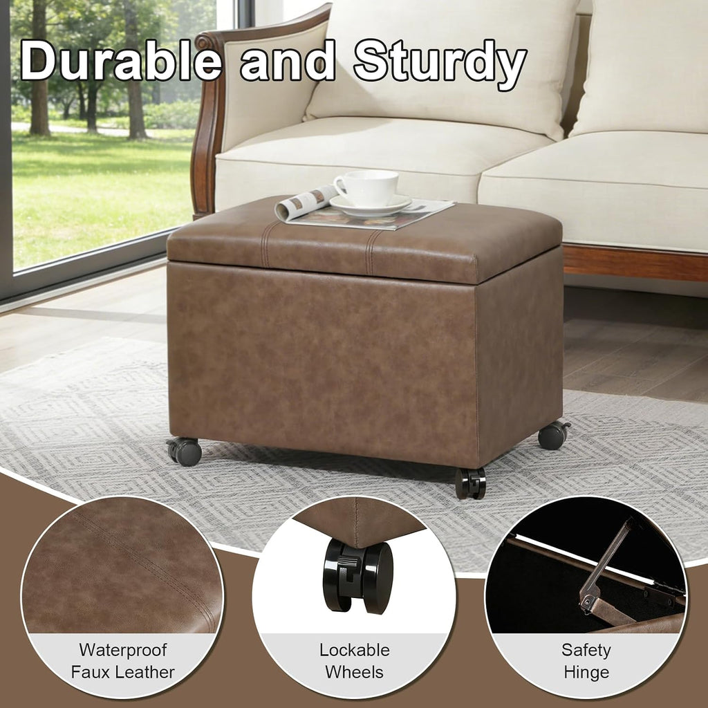 Asense 24-inch Rolling Storage Ottoman Bench, Upholstered Faux Leather Footrest with Wheels,Safety Hinge,Small Entryway Bench with Storage for Living Room, Bedroom,Brown