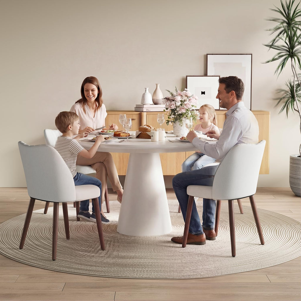 Upholstered Dining Chairs Set of 6, Farmhouse Fabric Kitchen Chairs with Solid Wood Legs, Modern Dining Room Chairs for Restaurant & Cafe, Light Grey