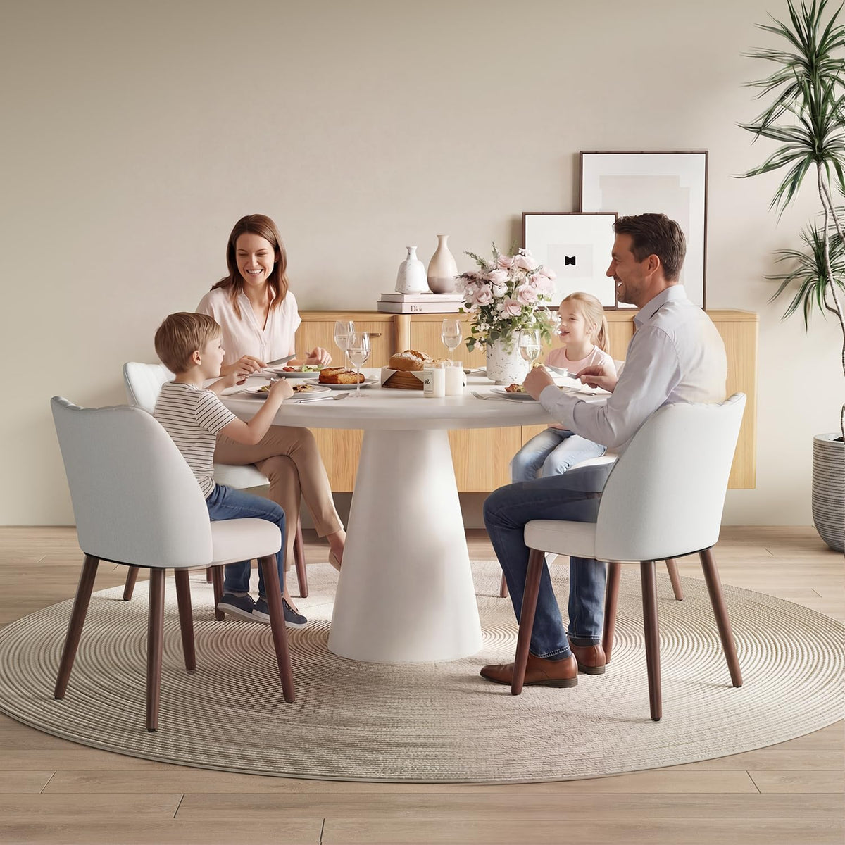 Upholstered Dining Chairs Set of 6, Farmhouse Fabric Kitchen Chairs with Solid Wood Legs, Modern Dining Room Chairs for Restaurant & Cafe, Light Grey