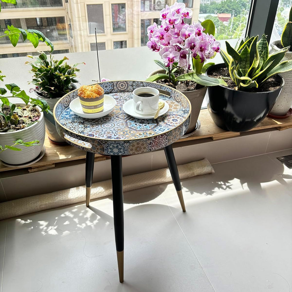Small Round Accent End Table with Tray Top for Living Room, Bedside, Balcony (Metal Leg, 28)