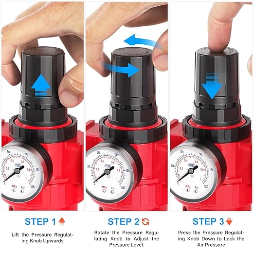 TAILONZ PNEUMATIC 0-150PSI 1/2 Inch NPT Red Industrial Grade 5 Stage Air Drying System, Particulate Filter, Coalescing Filter, Double Desiccant Dryer and Air Regulator (Manual Drainage)