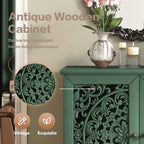 Sideboard Buffet Cabinet with Storage, Accent Cabinet with 2 Carved Doors and Adjustable Shelf, Farmhosue Console Table with Solid Wood Legs, Symmetrical Floral Design, Antique Green