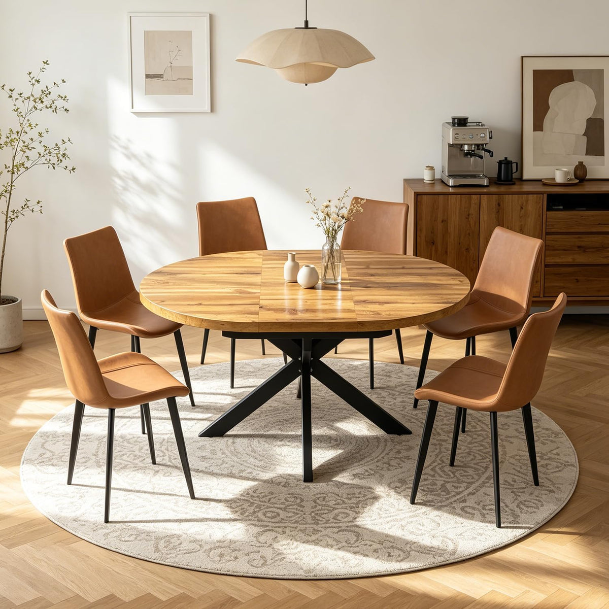 7-Piece Extendable Round Dining Table with Chairs Set for 6, 43"-59" Kitchen Dining Table Set with Heavy Duty Leg for Dining Living Room Apartment(Oak Table + 6 Brown Chairs)