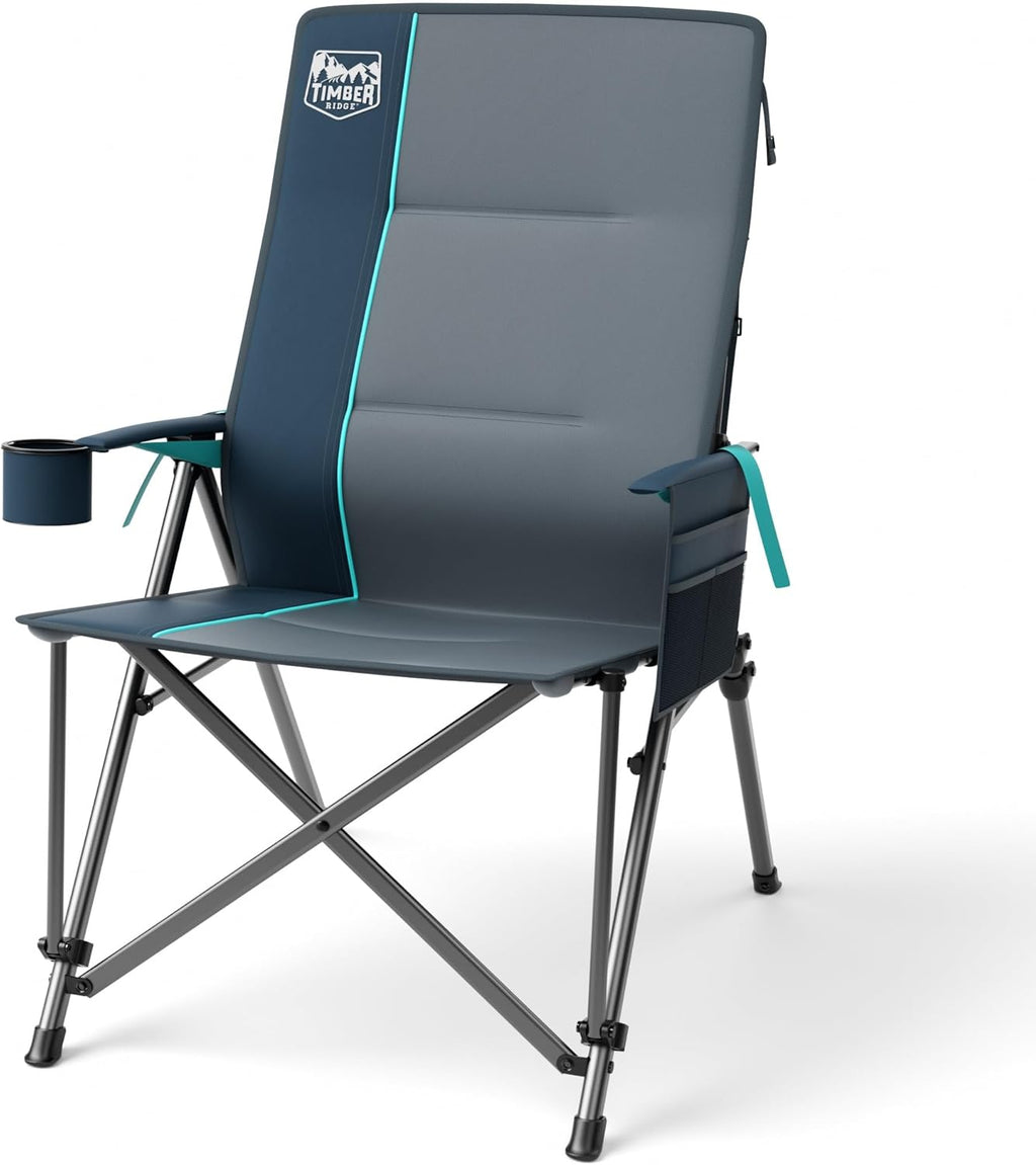 Timber Ridge Oversized Camping Chair with Lumbar Support, Portable Folding Chair Heavy Duty for Adults Supports 450 LBS for Outdoor Camping Lawn, with High Back, Cup Holder, Side Pocket, Blue