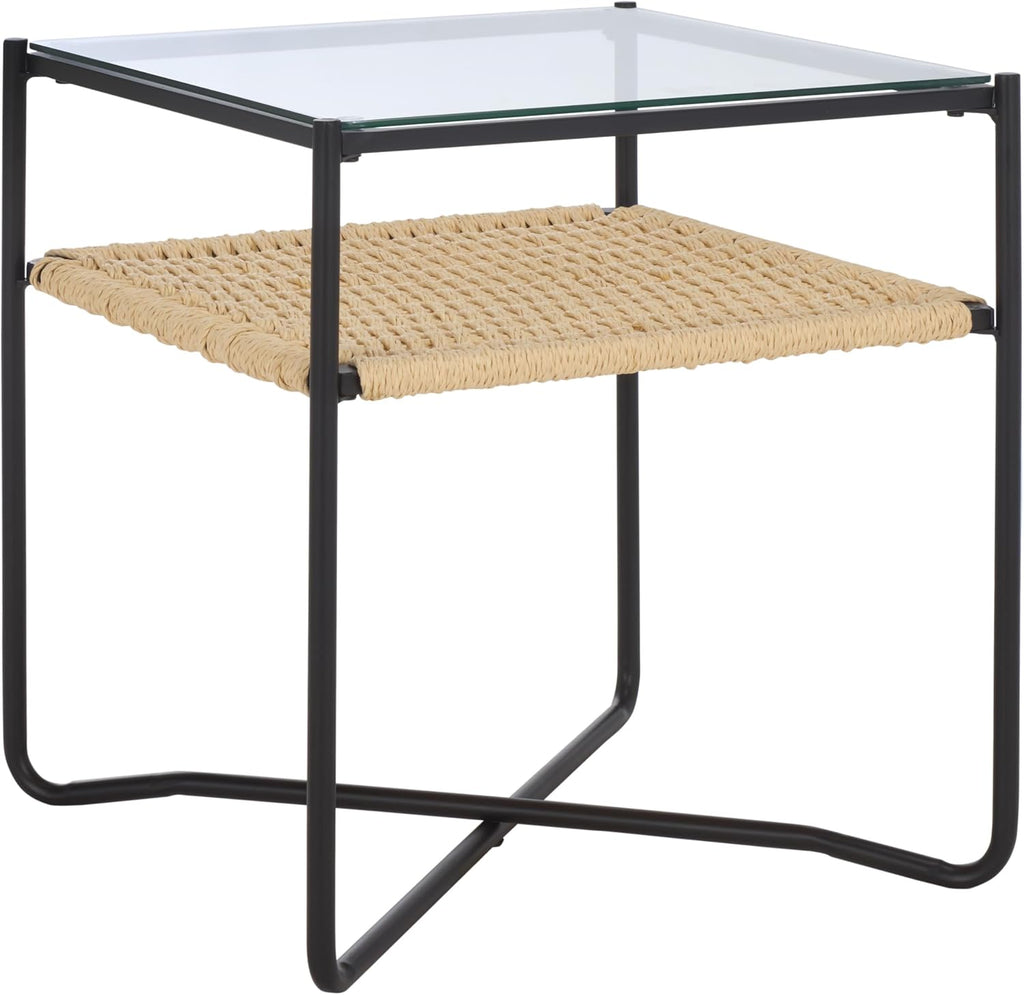 SAFAVIEH Home Collection - Omaka Square End Table, Black Metal Frame with Glass Top and Natural Woven Shelf (ACC2325A)