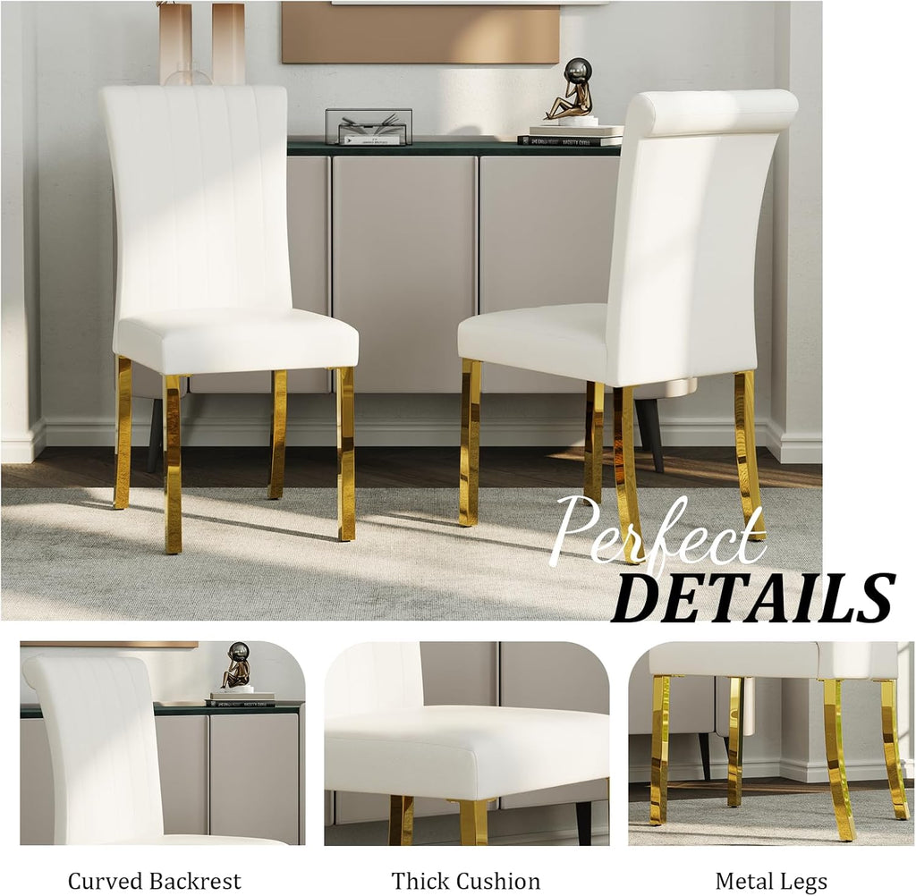 ACEDÉCOR Modern Dining Chairs Set of 2, White Leather Dining Room Chairs with Gold Stainless Steel Legs, Upholstered Chairs with High Back and Metal Legs for Kitchen/Living Room/Restaurant
