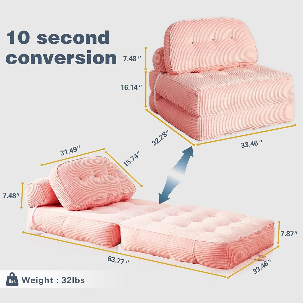 Folding Sofa Bed, Flannel Futon Couch Bed with Pillow and Blanket, Convertible Sleeper Chair for Living Room Bedroom, Pink