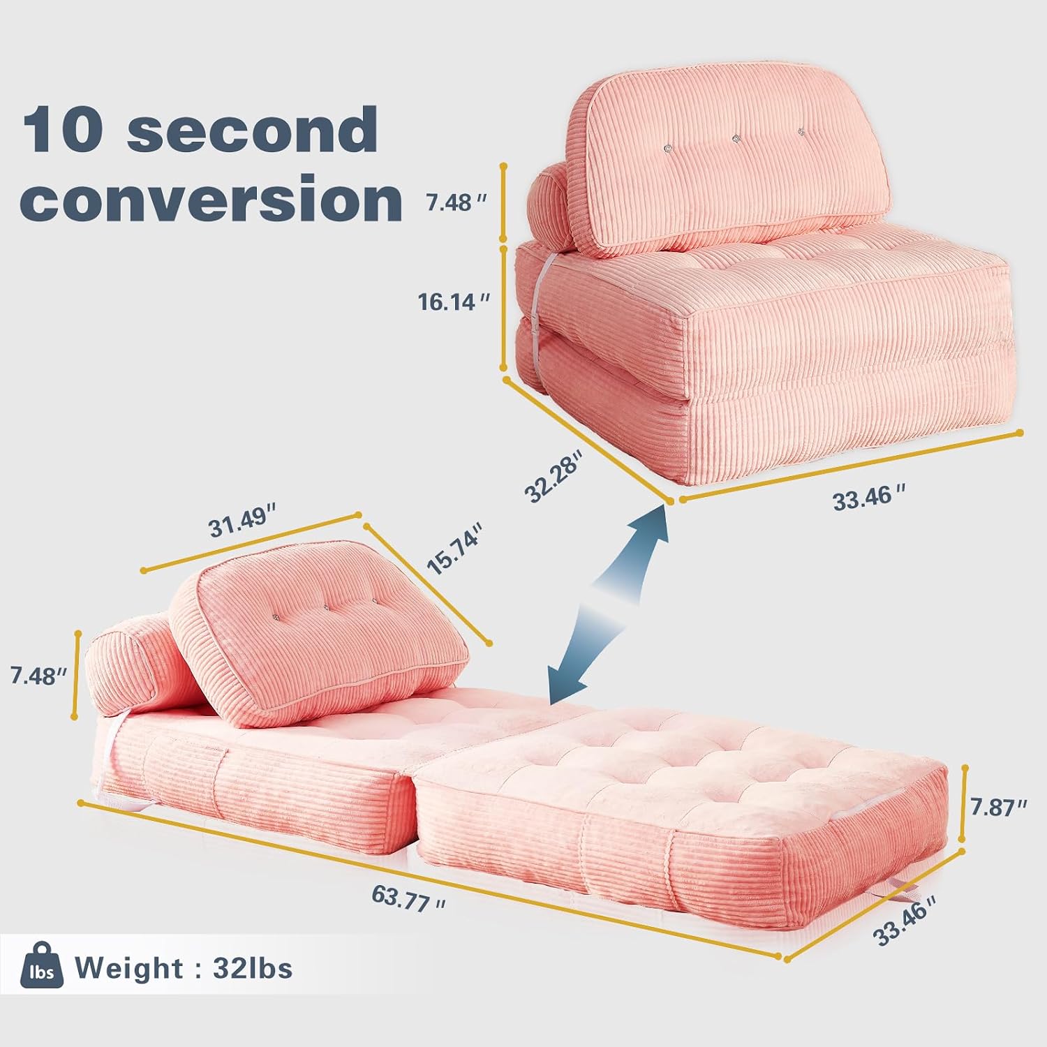 Folding Sofa Bed, Flannel Futon Couch Bed with Pillow and Blanket, Convertible Sleeper Chair for Living Room Bedroom, Pink