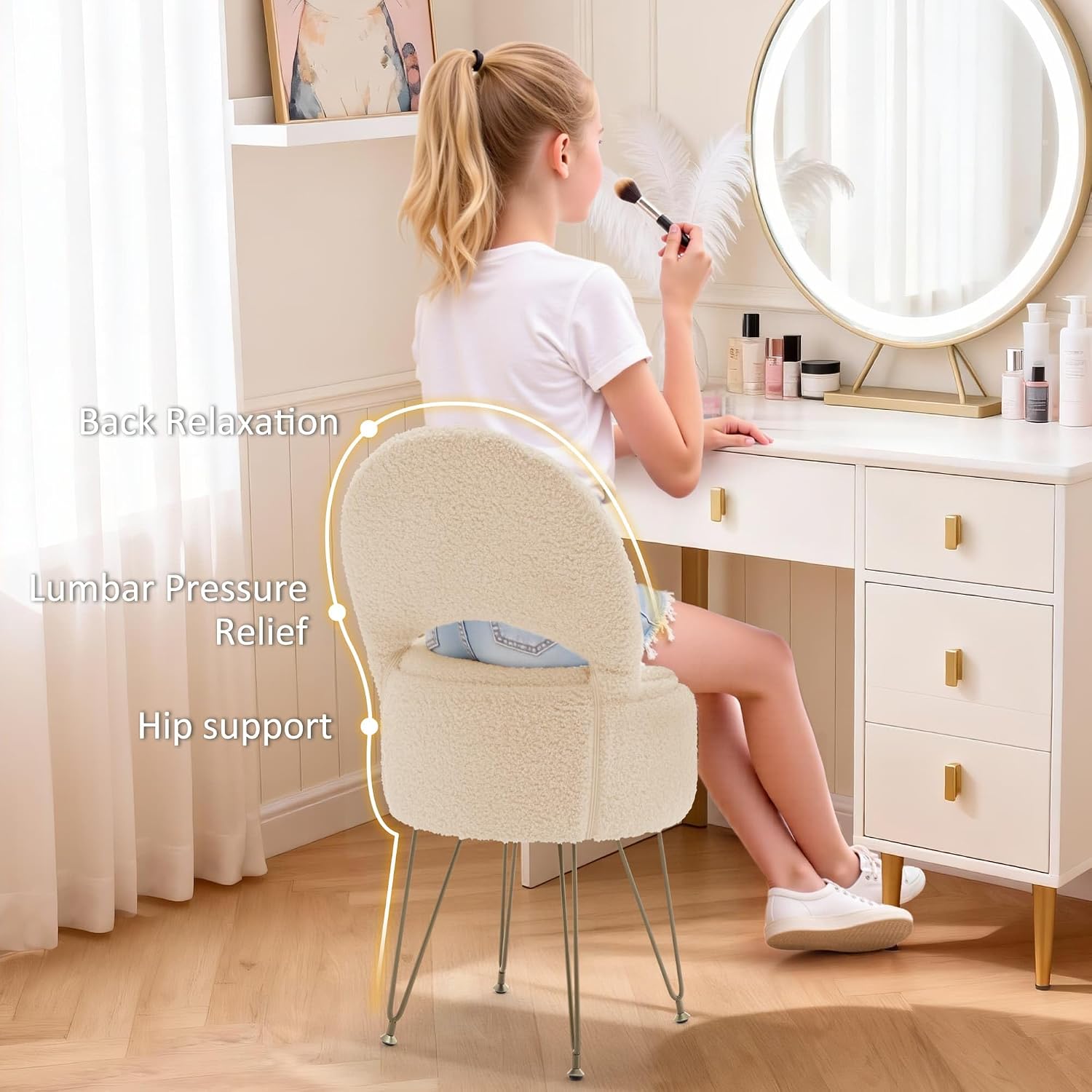 Korser Vanity Stool Chair with Storage and Folding Back, 13"x13"x27.6" Round Faux Fur Comfy Ottoman, 4 Metal Legs with Anti-Slip Feet, Makeup Chair for Living Room, Bedroom, Dressing Room
