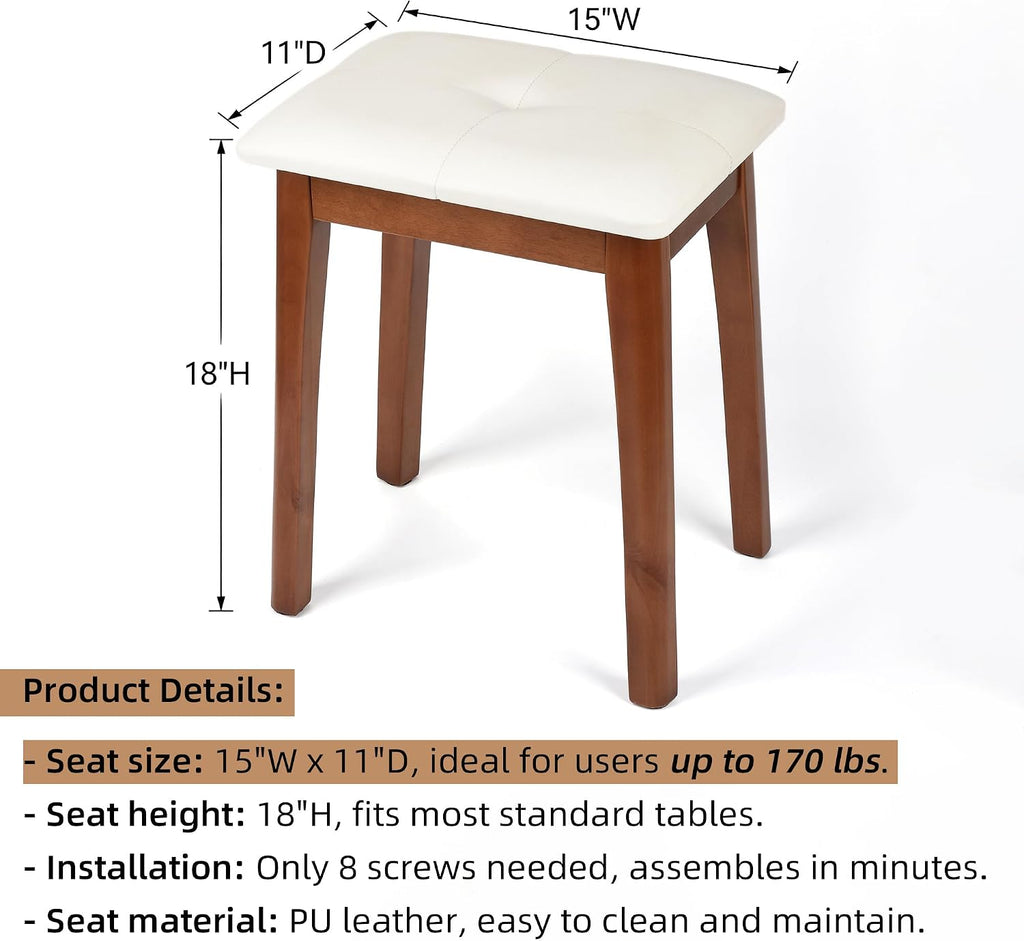 Solid Wood Vanity Stool with Cushion | 11"D x 15"W x 18" H - Small Wooden Ottoman Bench Chair Padded Seat for Bedroom/Living Room/Office/Makeup Vanity