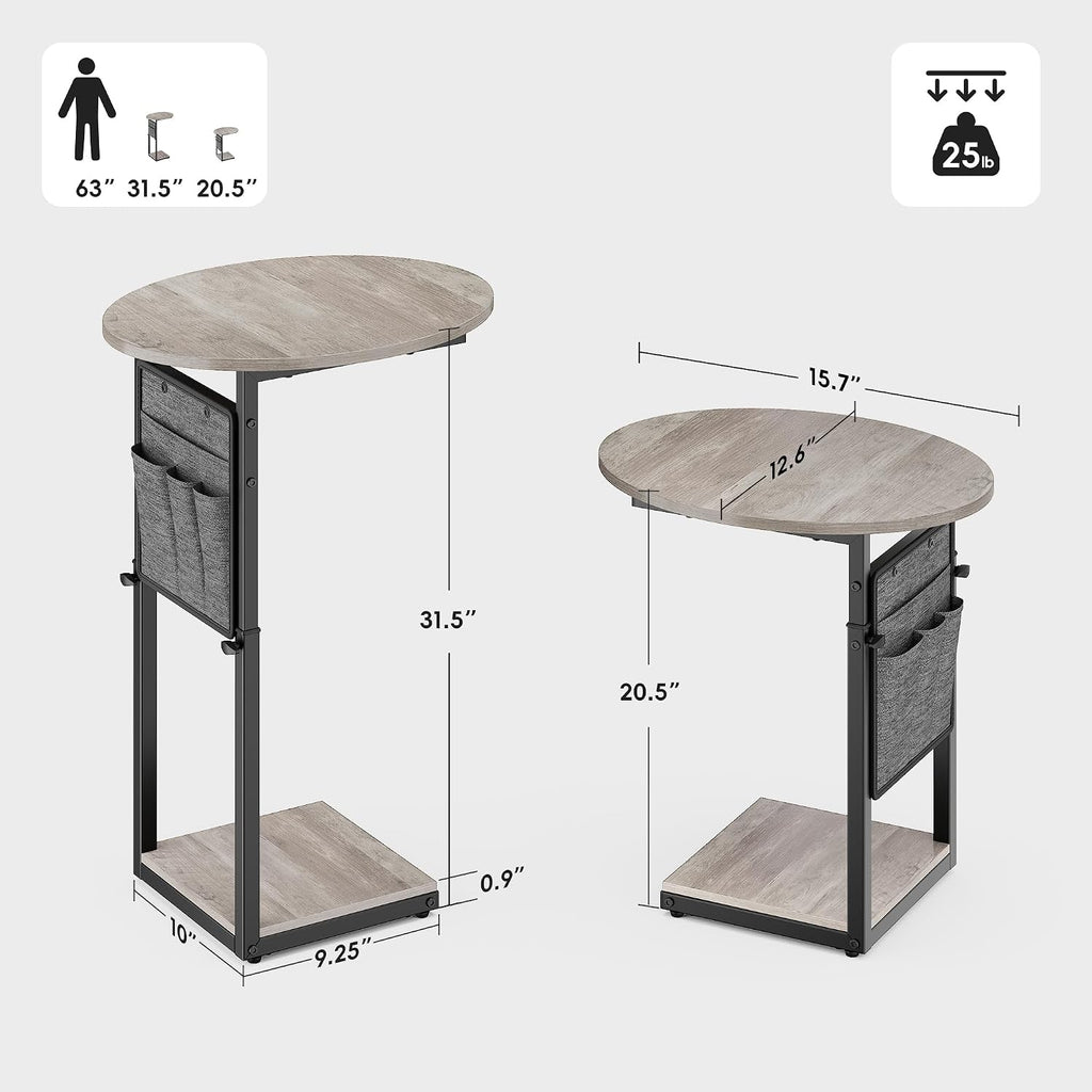 Vagusicc C Shaped End Table, Adjustable Height Small Side Table for Couch and Recliner, 32" Tall Couch Side Table Slide Under Sofa Tray Desk with Storage Bag for Living Room and Bedroom, Greige