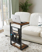 Wood Pedestal TV Trays for Eating on Couch, C Shaped End Table for Couch Side Tables that Slide Under, Sofa Arm Recliner Chair Dinner Table, Small TV Tray Over the Couches Stand, Living Room ET-P-BRW1