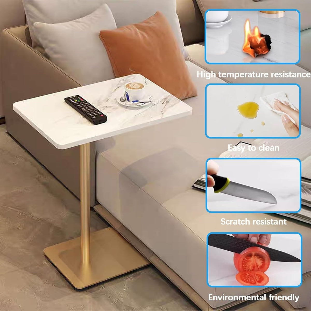 Drsyffsup Outdoor Coffee Table Side End Table with Marble Effect Top and Gold Metal Base C Shaped Modern Sofa End Table Work Desk for Couch Living Room Bedroom (Size : 48x33x65cm)