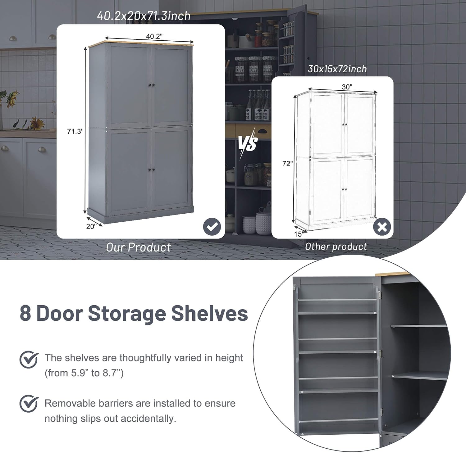Litex 40.2" Wide Kitchen Pantry Cabinet, 71.3" Tall Freestanding Storage Cabinet with 2 Drawers, Adjustable Shelves & 8 Door Shelves, Large Farmhouse Kitchen Cupboard for Kitchen Dining Room (Gray)