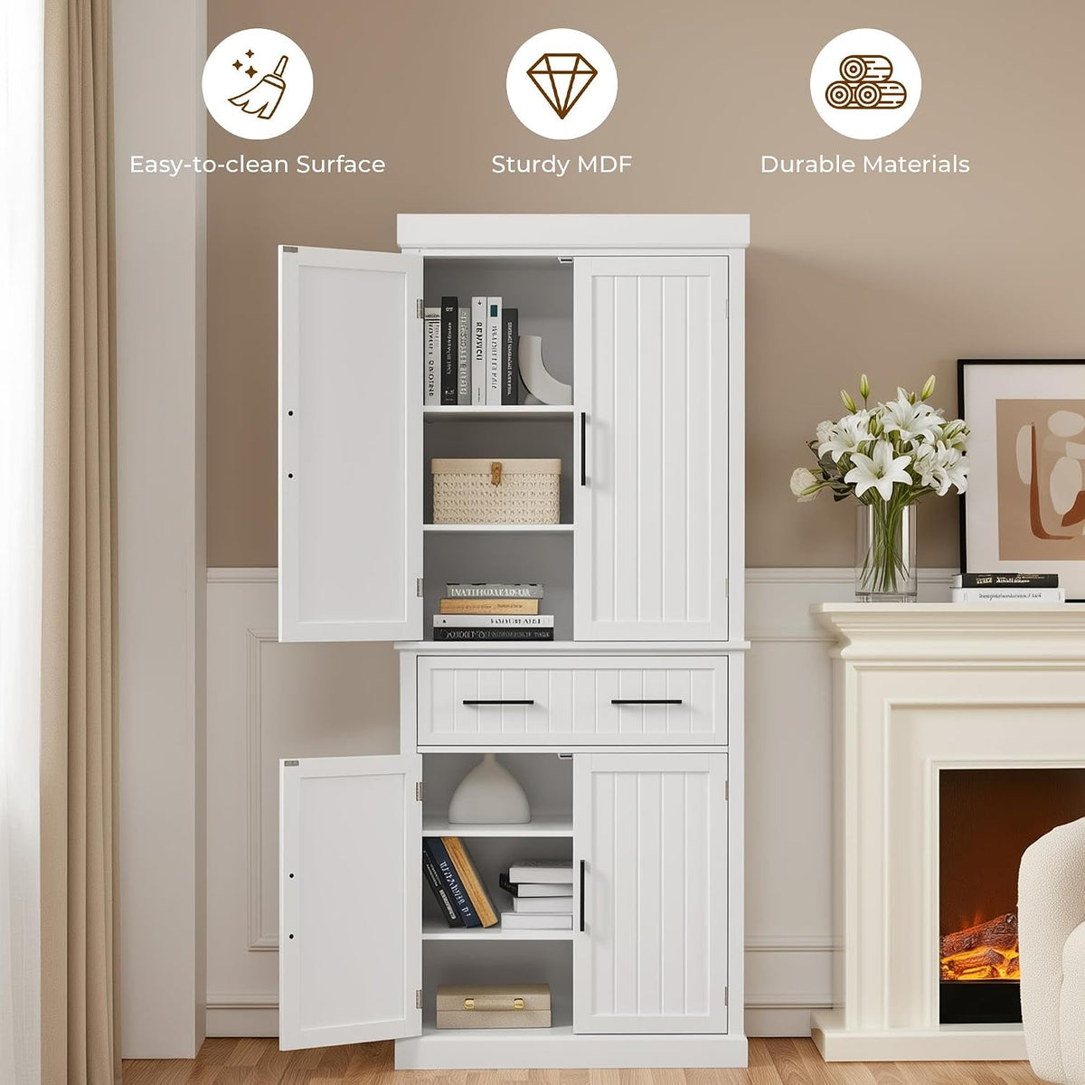 Yaheetech 72.5" H Freestanding 4-Door Kitchen Storage Cabinet,White | Stand‑up Pantry with Adjustable Shelves & Wide Drawer, Engineered Wood Construction, Kitchen/Living Room