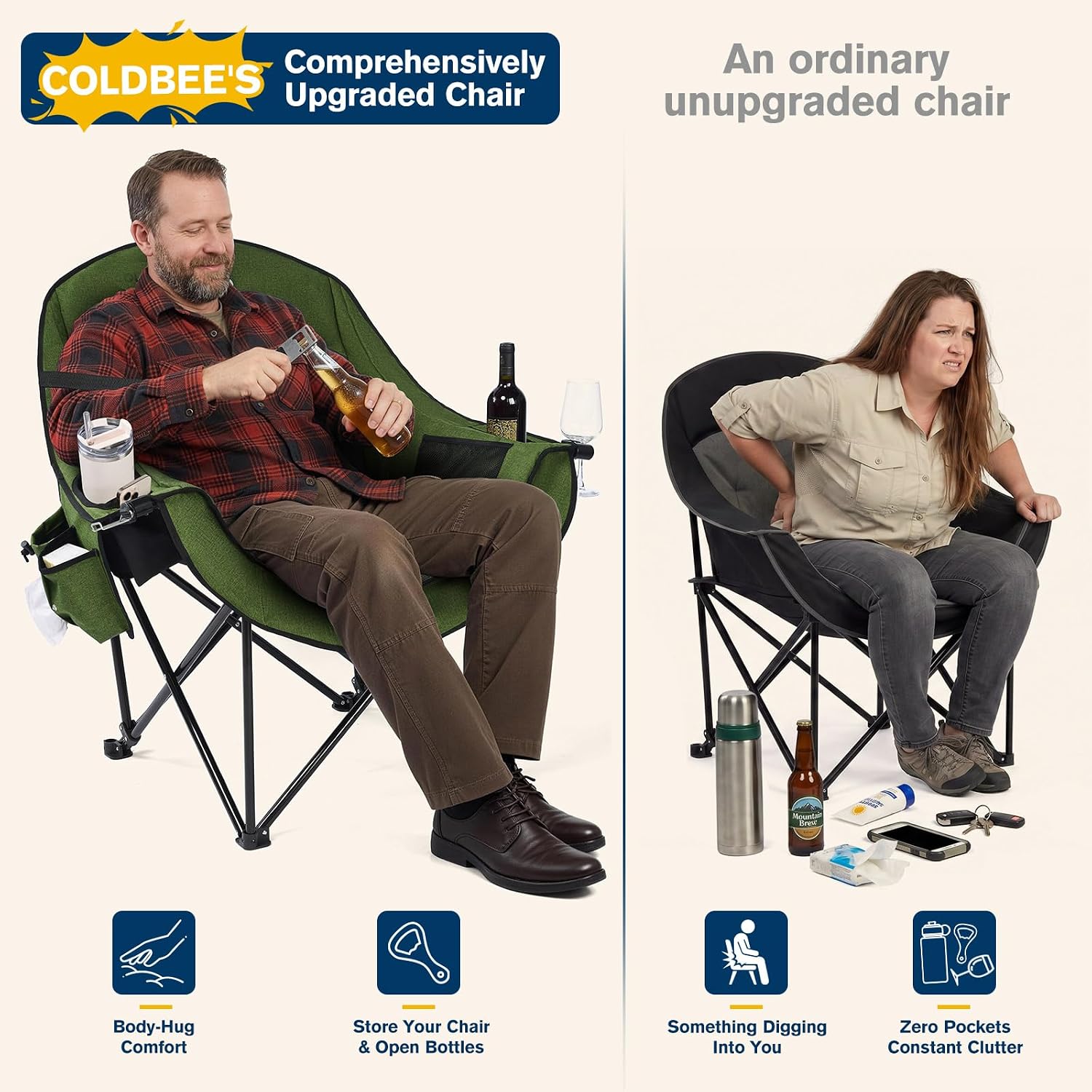 Coldbee Oversized Camping Chairs, Heavy Duty Padded, Thick Headrest, Green