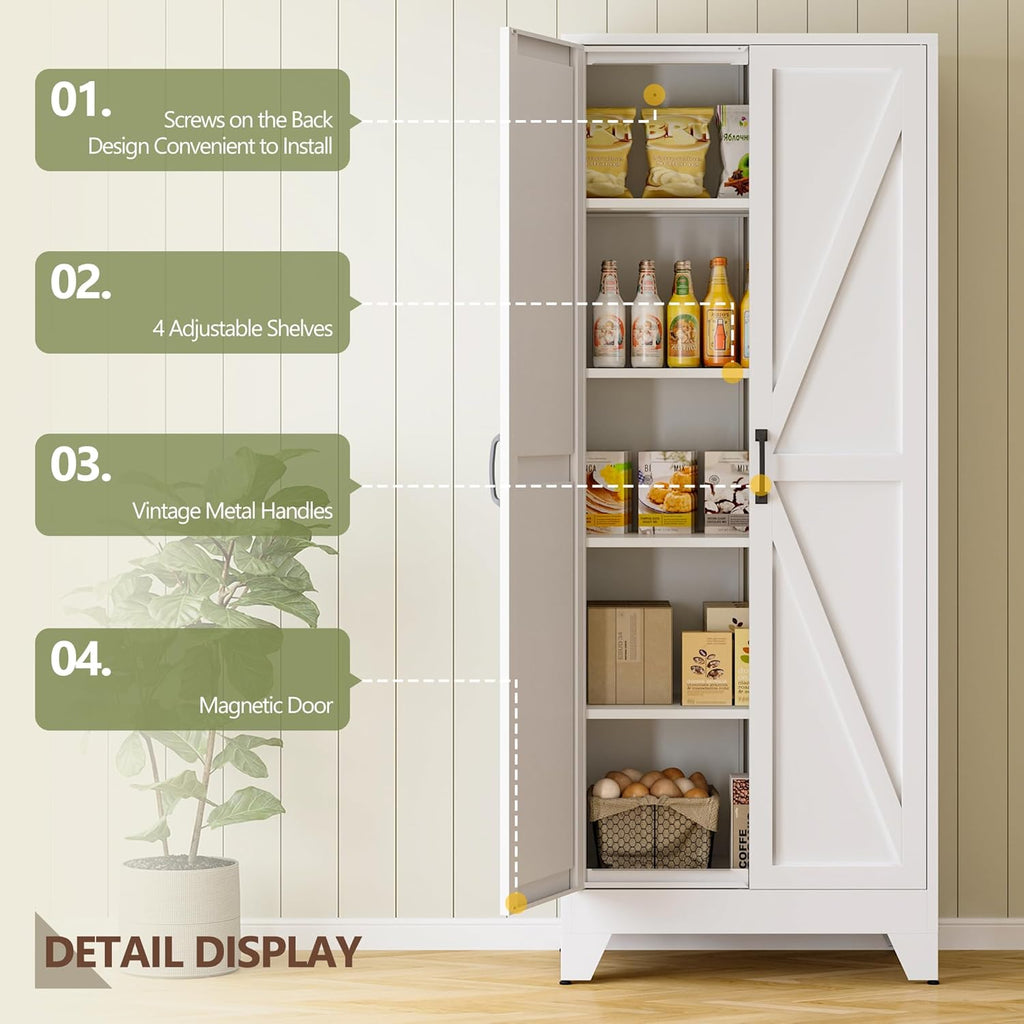 RAVIGIN Farmhouse Storage Cabinet,75" H Metal Pantry Cabinet with Barn Doors and Adjustable Shelves,75" H 6-Tier Rustic Pantry Organizers for Kitchen,Dining Room,White