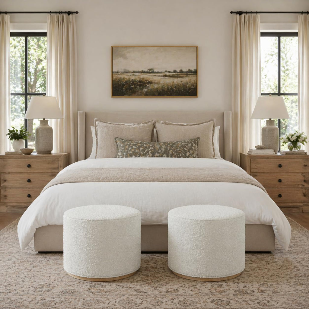 Spatial Order 22" Round Ottoman with Wooden Base - Cream Textural Fabric