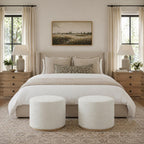 Spatial Order 22" Round Ottoman with Wooden Base - Cream Textural Fabric