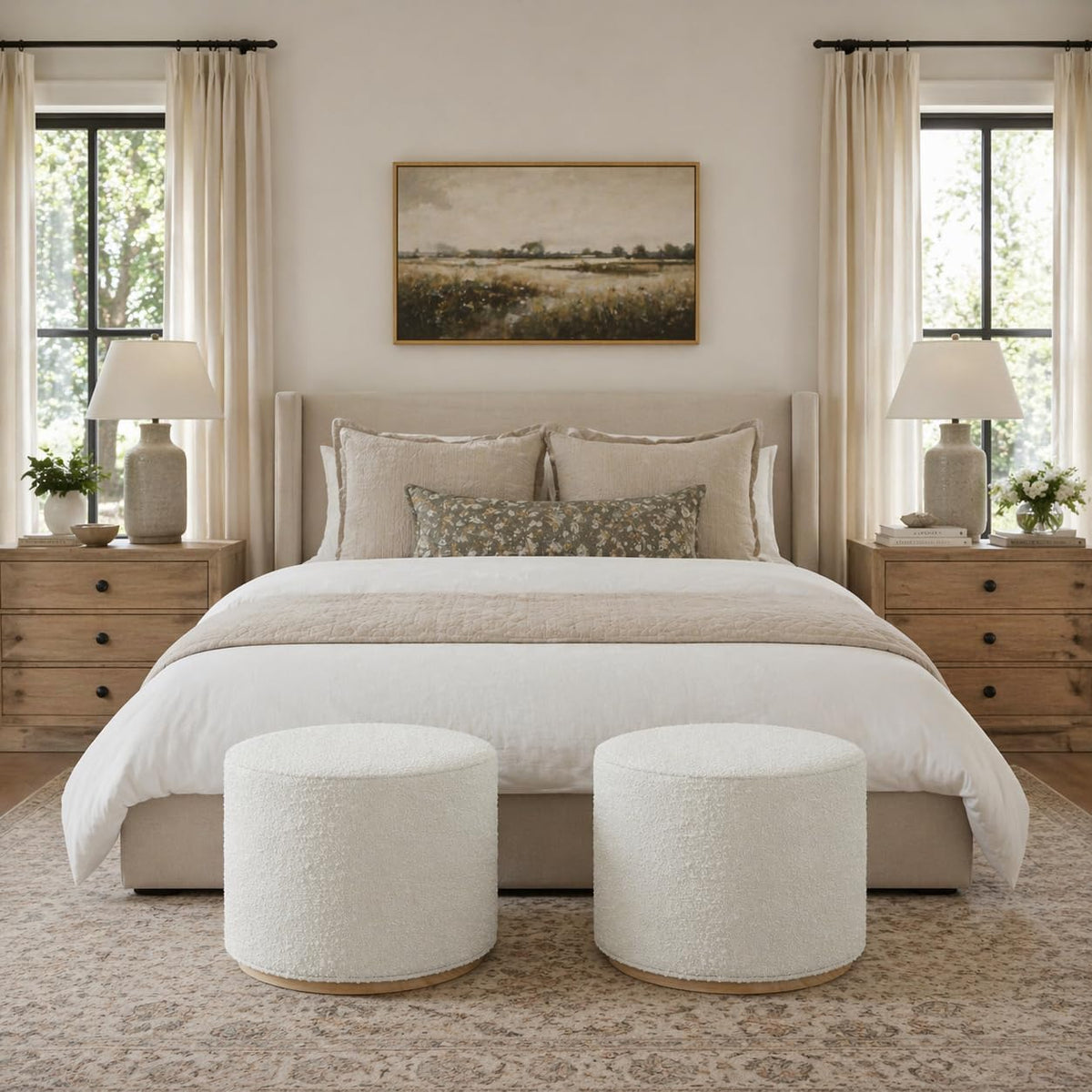 Spatial Order 22" Round Ottoman with Wooden Base - Cream Textural Fabric