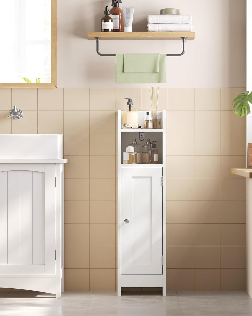 VASAGLE Small Storage Corner Floor Cabinet with Door, 7.9 x 7.1 x 31.5 Inches, Narrow Toilet Paper Storage Holder, Adjustable Shelves, for Bathroom, Living Room, Small Spaces, Cloud White UBBC310W01