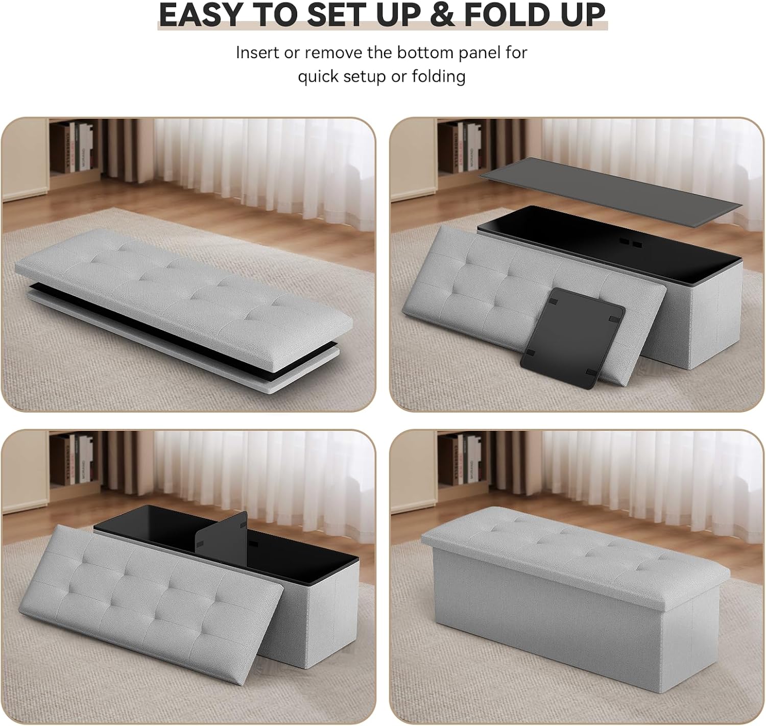 Storage Ottoman Bench, 43 Inch Ottoman Foot Rest, End of Bed Bench, Storage Chest for Living Room, Bedroom, Entryway, Light Gray