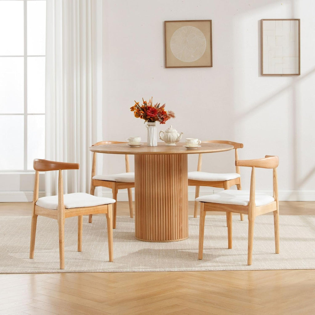 ROCITY Wood Dining Chairs Set of 4 Fabric Kitchen Chairs with Linen Cushion and Barrel Backs Mid Century Modern Dining Room Chairs Natural Wood