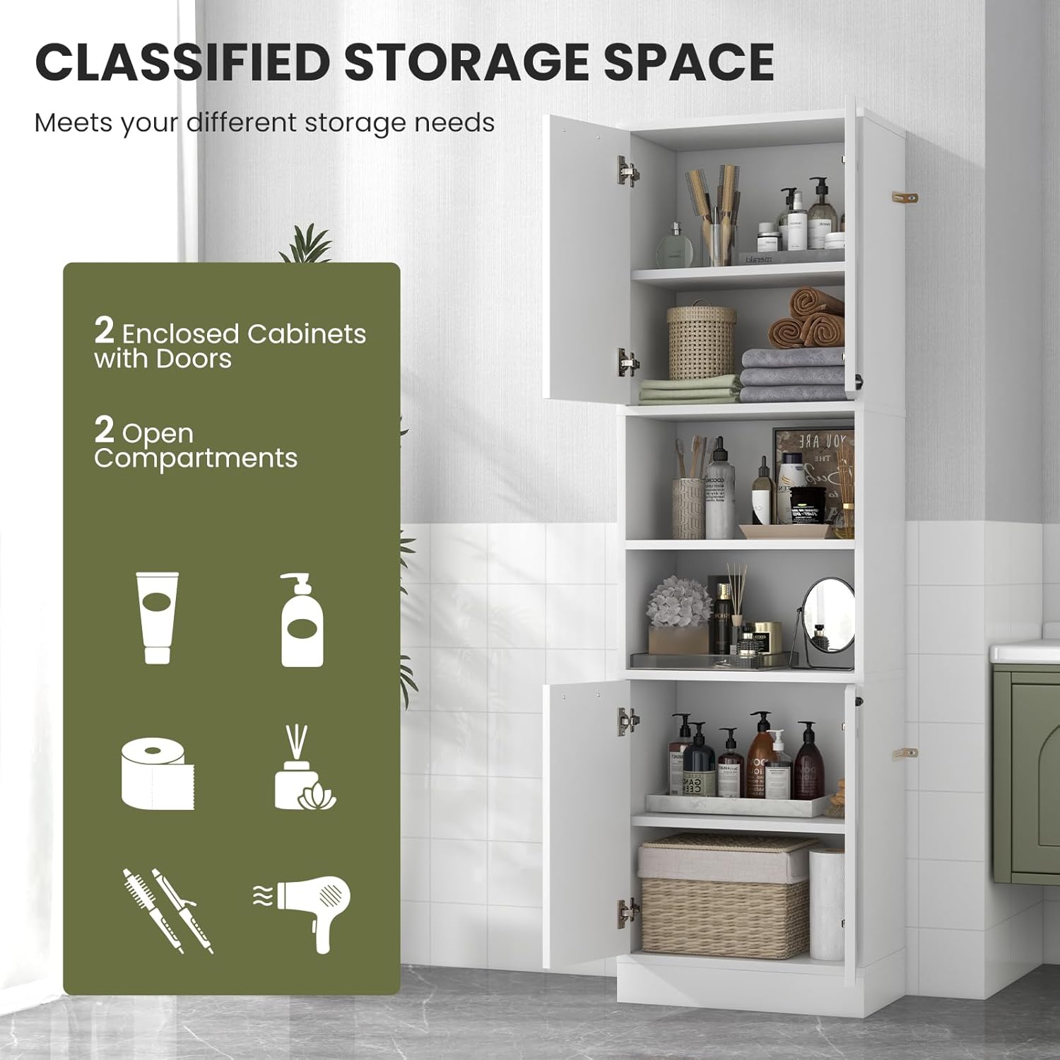 TANGZON 190CM Tall Kitchen Cupboard, 4-Door Storage Cabinet with Enclosed Cabinets, Open Compartments & Anti-tipping Kits, Freestanding Wooden Tall Sideboard for Pantry Dining Living Room (White)