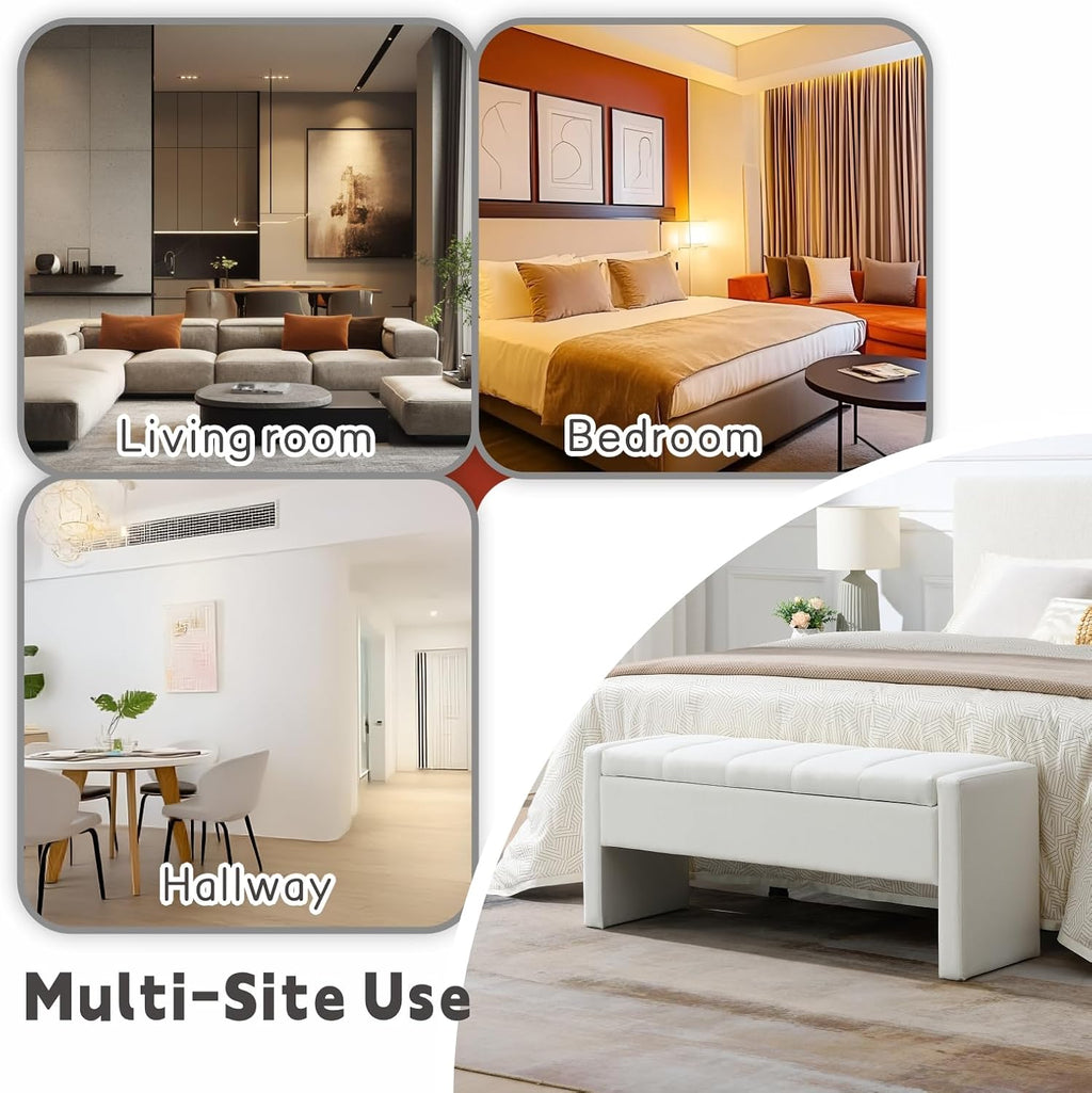 47.25'' Ottoman with Storage, End of Bed Storage Bench, Entryway Bench - Linen Upholstered Multi-Functional Footrest for Bedroom, Living Room, Dorm & Window Bench (A-White)