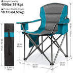 Oversized Padded Camping Chairs for Adults,Heavy Duty Support 400 Lbs,Folding Portable Lawn Chair w/Cup Holder,Cooler Bag,Side Pocket,Perfect for Outdoor Picnic,Hiking(Blue)