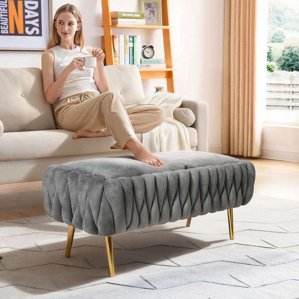 End of Bed Bedroom Storage Bench Upholstered, Hand-Woven Storage Ottoman Bench for Bedroom with Hinged Lid Golden Legs, for Living Room, Entryway Grey