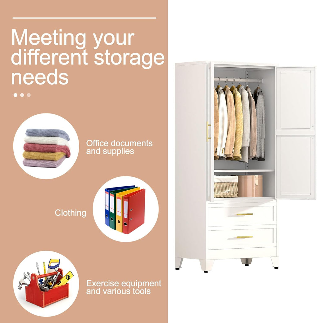 PAOFIN White 71" Metal Armoire Wardrobe Closet, Bedroom Clothing Storage Cabinet with 2 Drawers and Hanging Rod, Freestanding Armoire Cabinet with Adjustable Shelves