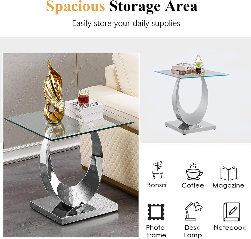 Modern Square End Table for Living Room, Tempered Glass Top & Moon Shape Stainless Steel Base, Luxury Glass Sofa Side Bedside Table, Night Stand, Small Accent Table, Silver