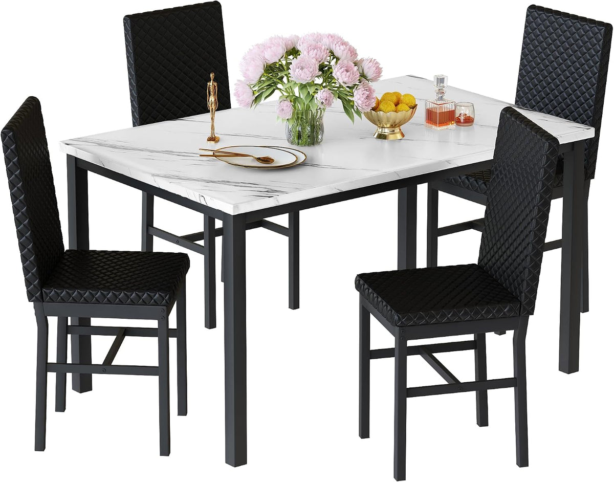 Recaceik Dining Table Set for 4, Faux Marble Kitchen Table and Chairs Set of 4, Modern Dining Room Table with Velvet Dinner Chairs, Small Dining Set for Breakfast Nook Small Spaces, White & Black