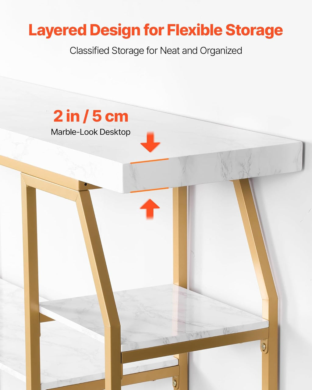 VEVOR Marble Console Table, 3 Tiers Modern Console Table for Open Storage, Golden Geometric Table with Iron Tubes, Anti-Tip Device and Triangular Support for Living Room, Hallway, Entryway
