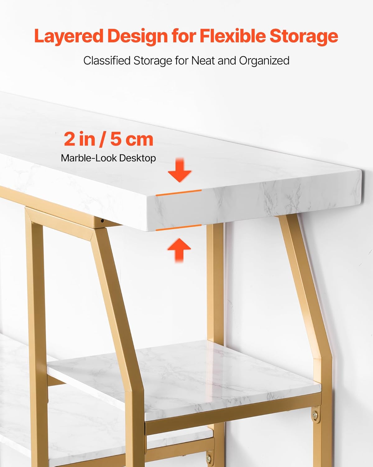 VEVOR Marble Console Table, 3 Tiers Modern Console Table for Open Storage, Golden Geometric Table with Iron Tubes, Anti-Tip Device and Triangular Support for Living Room, Hallway, Entryway