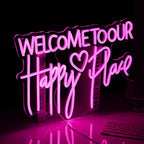 Welcome To Our Happy Place Neon Sign LED Pink Our Happy Place Neon Light With USB for Wall Decor Dimmable Happy Letters Light Up Sign for Bedroom Wedding Party Home Decor (16.7 * 12.6In)