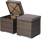 DORTALA Outdoor Storage Ottoman Wicker 2 Piece, Patio Ottomans PE Rattan Foot Rest Footstool with Cushions for Couch, Chair, Grey