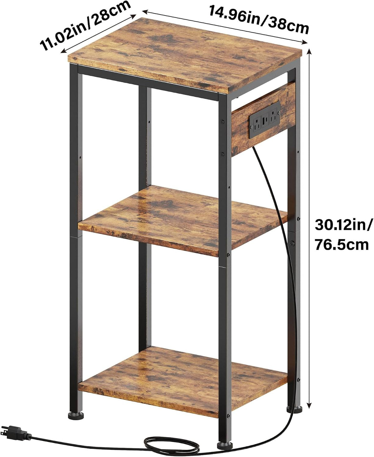 Side Table with Charging Station, Nightstand with USB Ports and Outlets, Tall Side Table with 3 Storage Shelves, Small Entry Table for Living Room, Bedroom, Sofa Couch, Hallway, Office, Rustic Brown