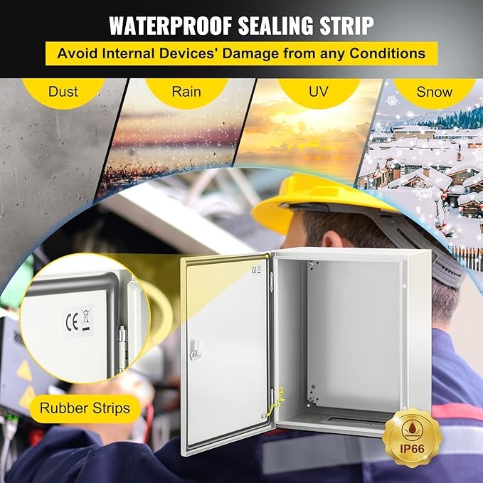 VEVOR NEMA Steel Enclosure, 20 x 16 x 10'' NEMA 4X Steel Electrical Box, IP66 Waterproof & Dustproof, Outdoor/Indoor Electrical Junction Box, with Mounting Plate