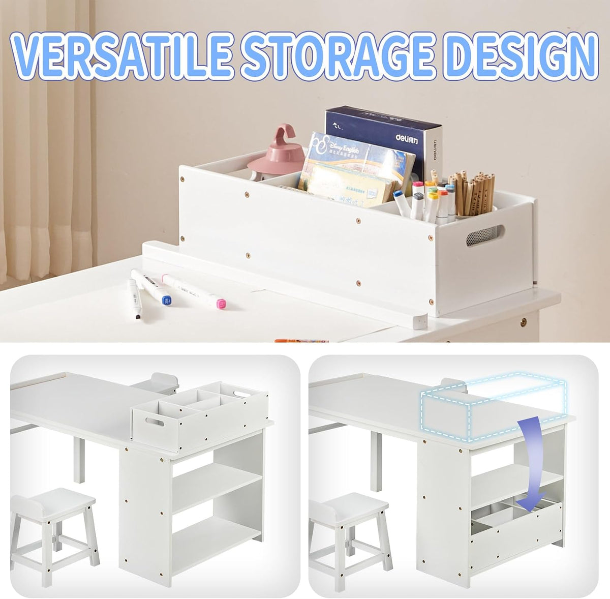 UNICOO Kids Art Table and Chair Set with Paper Roll Holder, Toddler Craft Table with Storage Shelves, Side Supply Tray, Removable Organizer Caddy and 2 Stools, Drawing Activity Desk for Ages 2-12