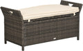 27 Gallon Patio Wicker Storage Bench, Outdoor PE Rattan Patio Furniture, 2 in 1 Large Capacity Rectangle Garden Storage Box with Handles and Cushion, Cream White
