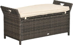 27 Gallon Patio Wicker Storage Bench, Outdoor PE Rattan Patio Furniture, 2 in 1 Large Capacity Rectangle Garden Storage Box with Handles and Cushion, Cream White