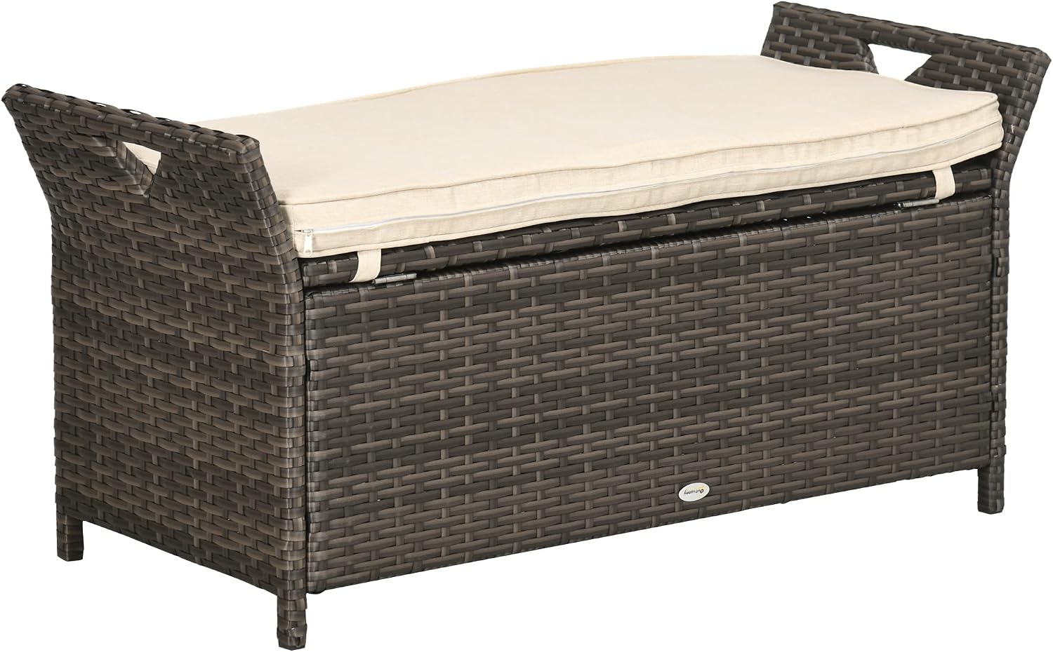 27 Gallon Patio Wicker Storage Bench, Outdoor PE Rattan Patio Furniture, 2 in 1 Large Capacity Rectangle Garden Storage Box with Handles and Cushion, Cream White