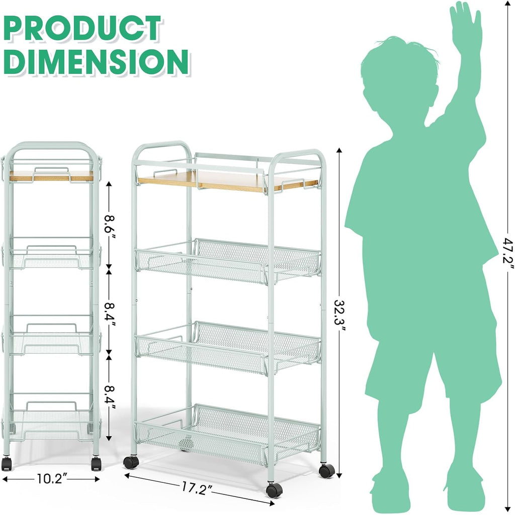 TOOLF 4-Tier Rolling Cart, Metal Utility Cart, Slide Out Storage Cart with Wooden Tabletop and Mesh Baskets for Narrow Space on Kitchen Bathroom Laundry Room Bedroom Apartments Dormitory (Green, Wide)