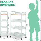 TOOLF 4-Tier Rolling Cart, Metal Utility Cart, Slide Out Storage Cart with Wooden Tabletop and Mesh Baskets for Narrow Space on Kitchen Bathroom Laundry Room Bedroom Apartments Dormitory (Green, Wide)