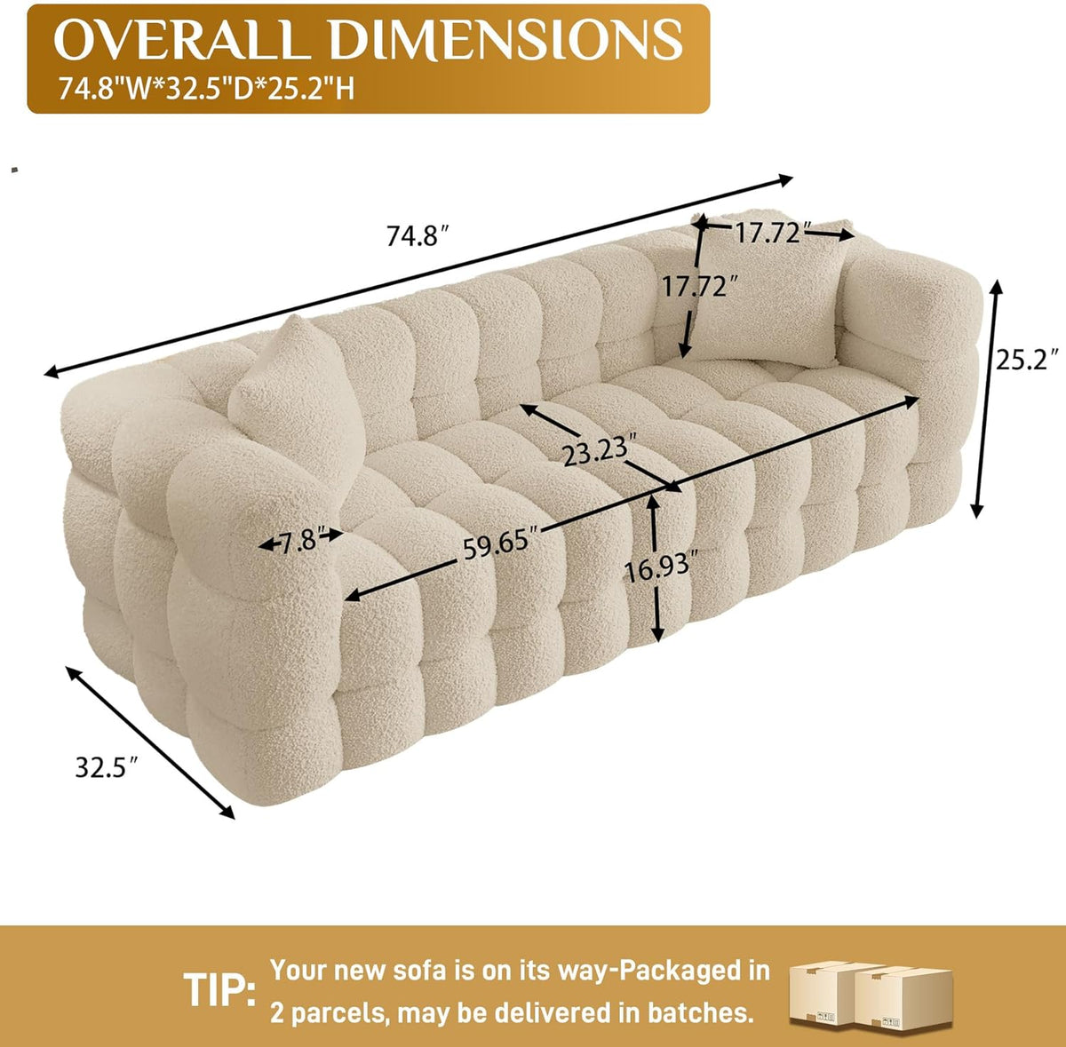 Wrofly Boucle Sofa Couch, 74.8" Comfy Upholstered Sherpa Sofa, Tufted Cozy 3-Seater Deep Seat Cloud Couch, Modern Oversized Loveseat with 2 Pillows for Living Room Apartment Office, Light Brown