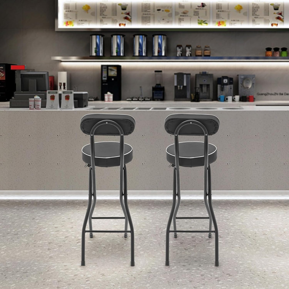 2Pcs-Folding Bar Stool with Back, Black Tall Foldable Chair Counter Height Collapsible Stool PU Leather Padded for Kitchen Island, Restaurant, Bar, Cafe Shop, Outdoor Camping