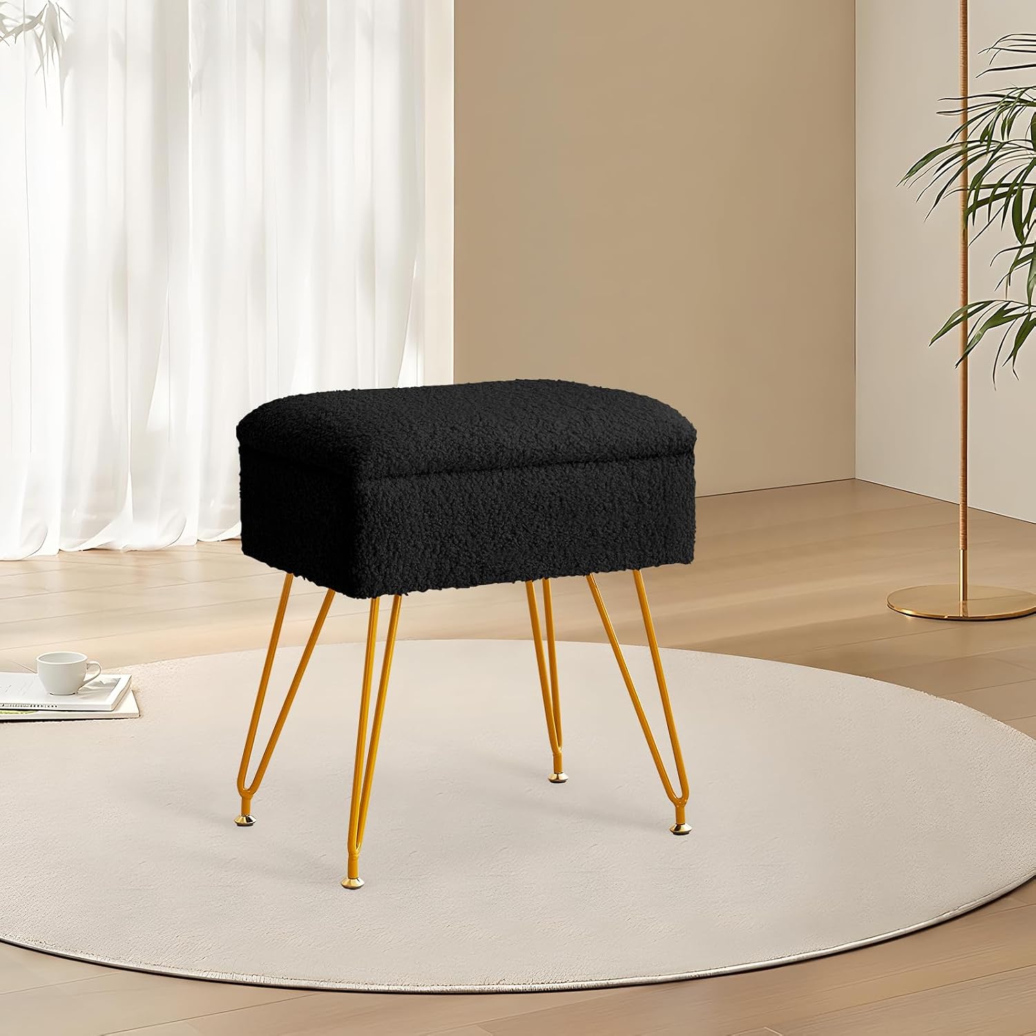 Alessing Vanity Stool Chair Ottoman with Storage, Sherpa Vanity Chair for Makeup Room, Rectangle Vanity Stools with Metal Legs, Soft Makeup Stool Footrest Footstools for Bedroom Living Room, Black | Square Padded Seat Foot Stool With Metal Legs For