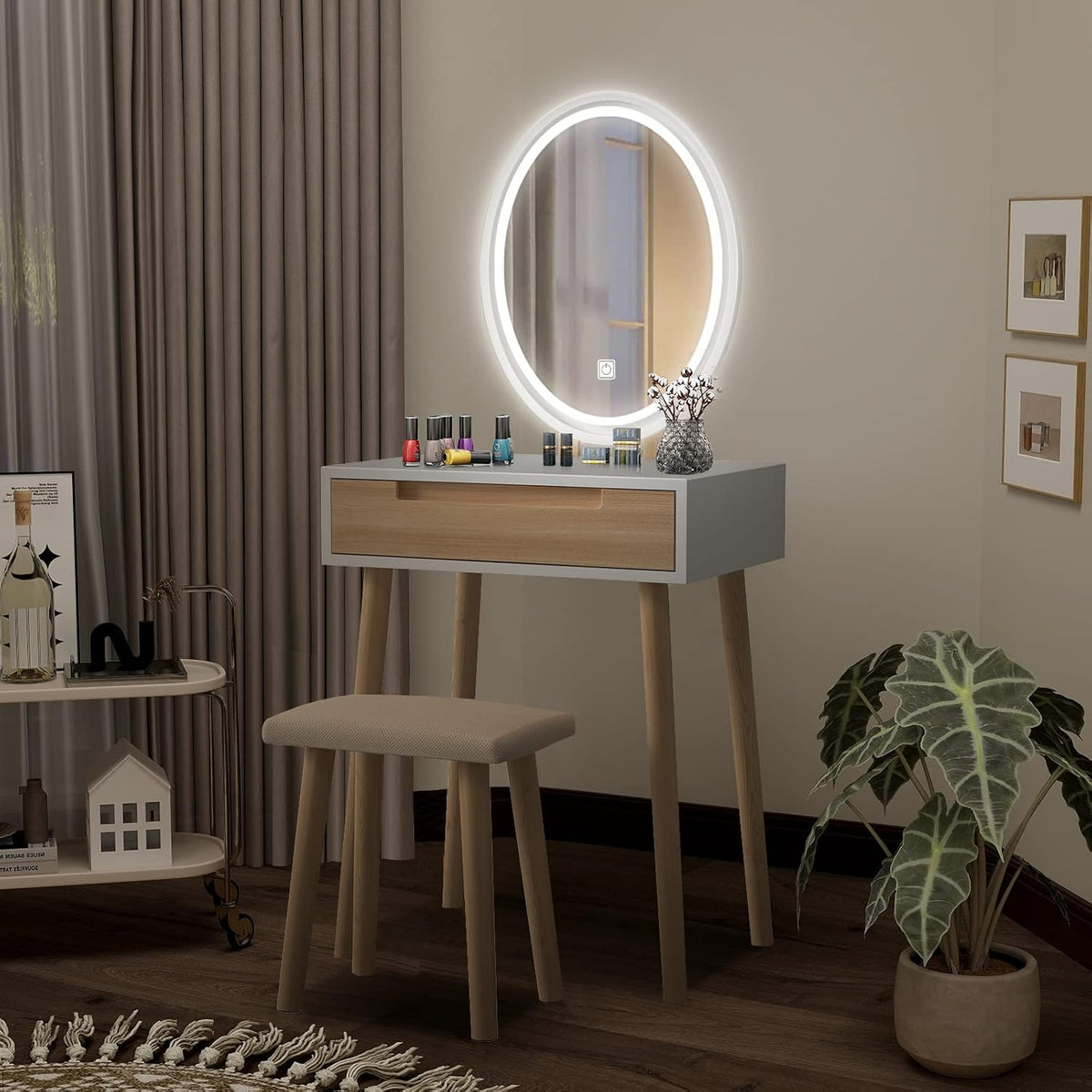 YOURLITE Makeup Vanity Table Set with 3 Modes Adjustable Lighted Mirror Cushioned Stool, Dressing Table for Small Space | 3 Lighting Modes, Adjustable Brightness, Cushioned Stool, Dressing Table, Compact Design, for Small Spaces